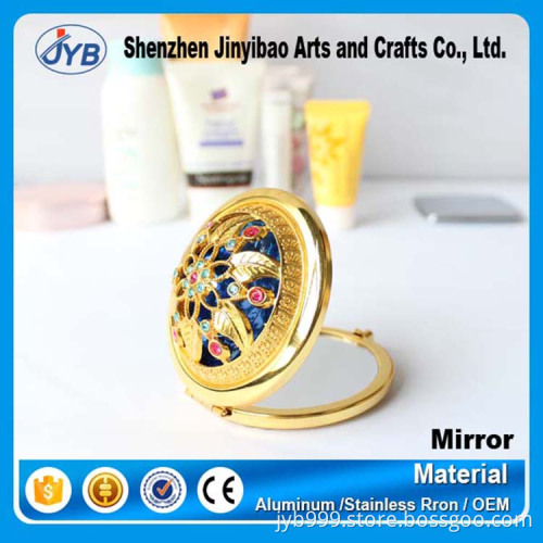 Custom logo shape 70mm metal round gold compact mirrror with rhinestone